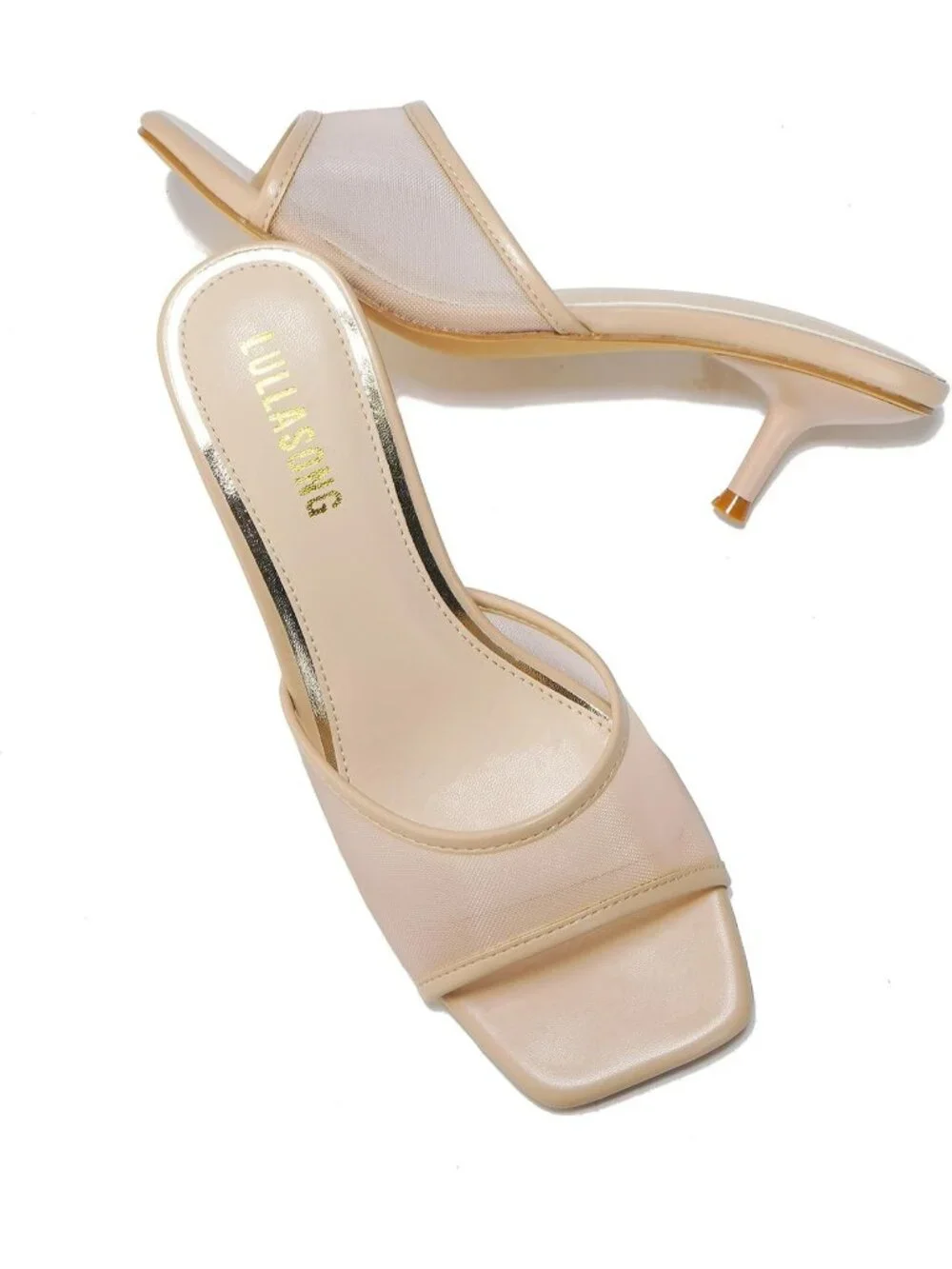 Women's Mesh Nude Faux Leather Square Open Toe Low Heel 2 Inch Heeled Sandal